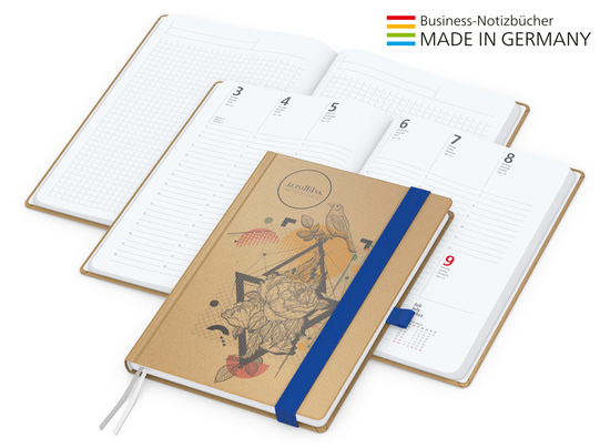 Buchkalender Match-Hybrid White Bestseller A4, Natura braun-individuell, mittelblau