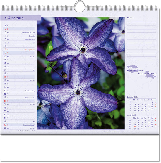 Kalender "Blütenwelt" im Format 30 x 29 cm, mit Wire-O-Bindung und verlängerter Rückwand