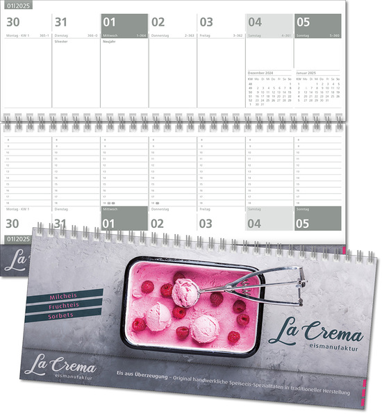 Schreibtischquerkalender "Typo" mit überstehender Kartonrückwand im Format 30,5 x 13,5 cm, 112 Seiten, Version deutsch