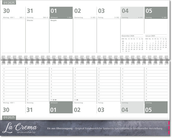 Schreibtischquerkalender "Typo" mit überstehender Kartonrückwand im Format 30,5 x 13,5 cm, 112 Seiten, Version deutsch