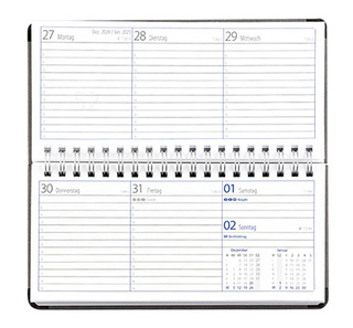 Taschenkalender "Horizontal" im Format 17 x 8 cm, deutsches Kalendarium Grau/Blau, 144 Seiten, Wire-O-Bindung, Eckenperforation, Grafikeinband