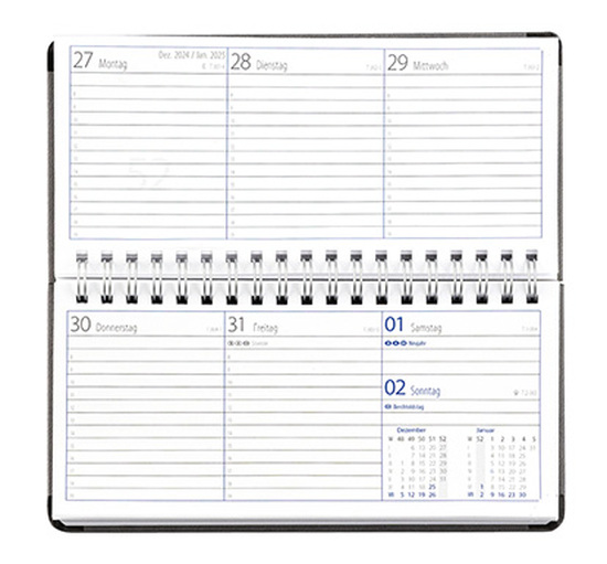 Taschenkalender "Horizontal" im Format 17 x 8 cm, deutsches Kalendarium Grau/Blau, 144 Seiten, Wire-O-Bindung, Eckenperforation, Deckelpaar Fashion rot