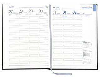 Wochenkalender "Business D" im Format 17,2 x 24 cm, deutsches Kalendarium Grau/Blau mit Leseband, 144 Seiten Fadenheftung, Eckenperforation, Einband Fashion mittelgrau