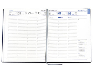 Wochenkalender "Manager D" im Format 21 x 26 cm, deutsches Kalendarium Grau/Blau mit Leseband, 144 Seiten Fadenheftung, Eckenperforation, Einband Fashion rot
