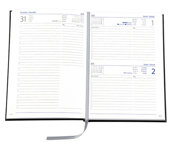 Buchkalender "Trend Chefkalender INT" im Format 14,5 x 20,5 cm, Kalendarium 4-sprachig D/F/I/GB Grau/Blau mit Leseband, 352 Seiten Fadenheftung, Eckenperforation, Einband Fashion rot