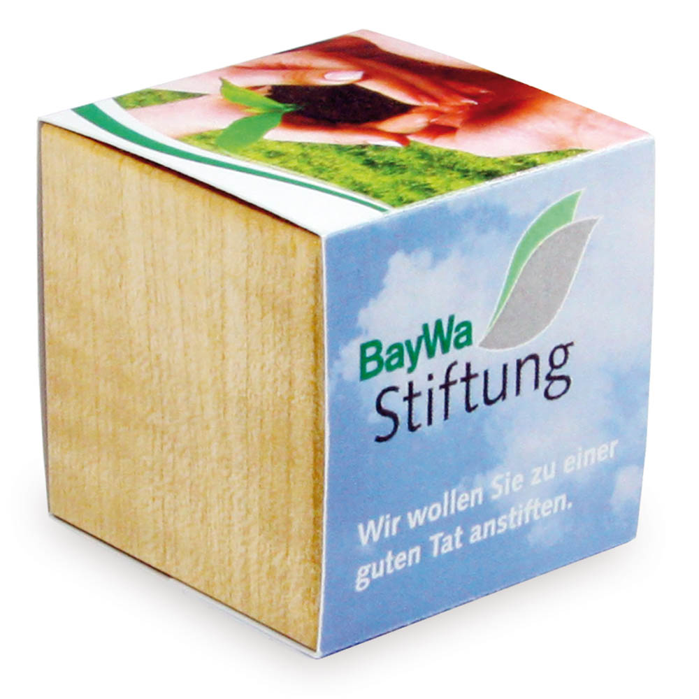 Pflanz-Holz mit Samen (Graspapier-Banderole) - Sonnenblume, 1 Seite gelasert