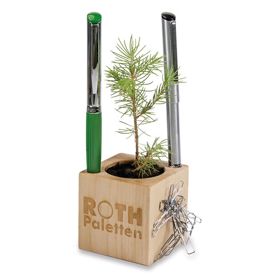 Pflanz-Holz Büro mit Samen - Basilikum, 1 Seite gelasert