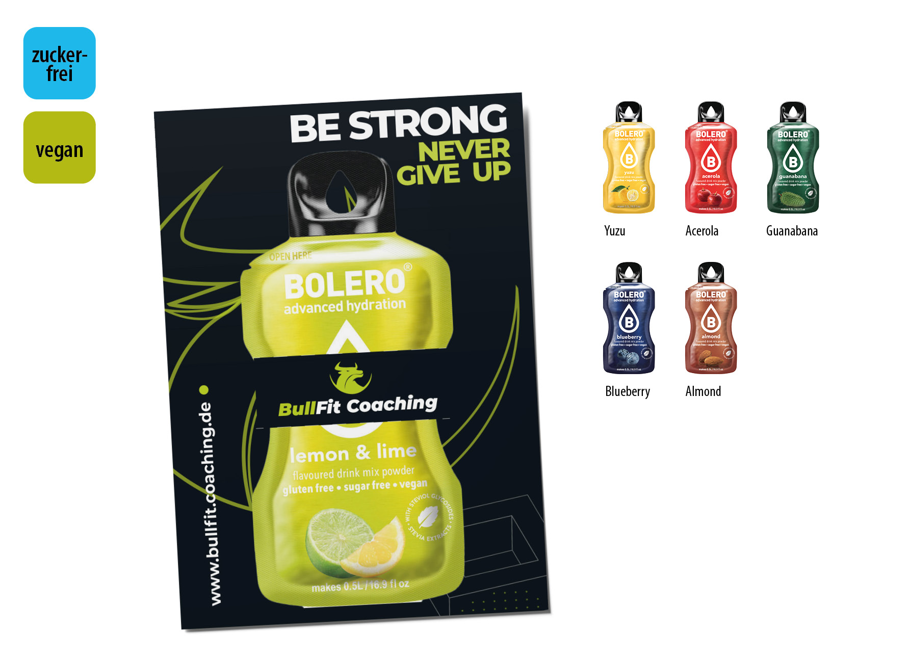 BOLERO Drinks Werbekarte, Inhalt: Bolero zuckerfreies Getränkepulver